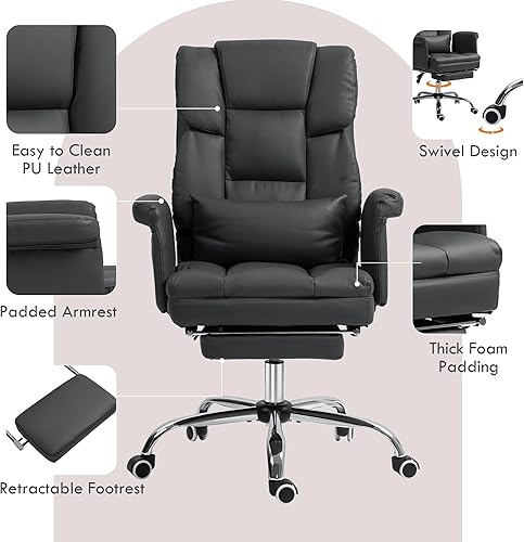 Miniatura 5 de HOMCOM Silla de oficina ejecutiva con reposapiés y soporte lumbar, silla ergonómica de escritorio de oficina de piel sintética, silla reclinable y
