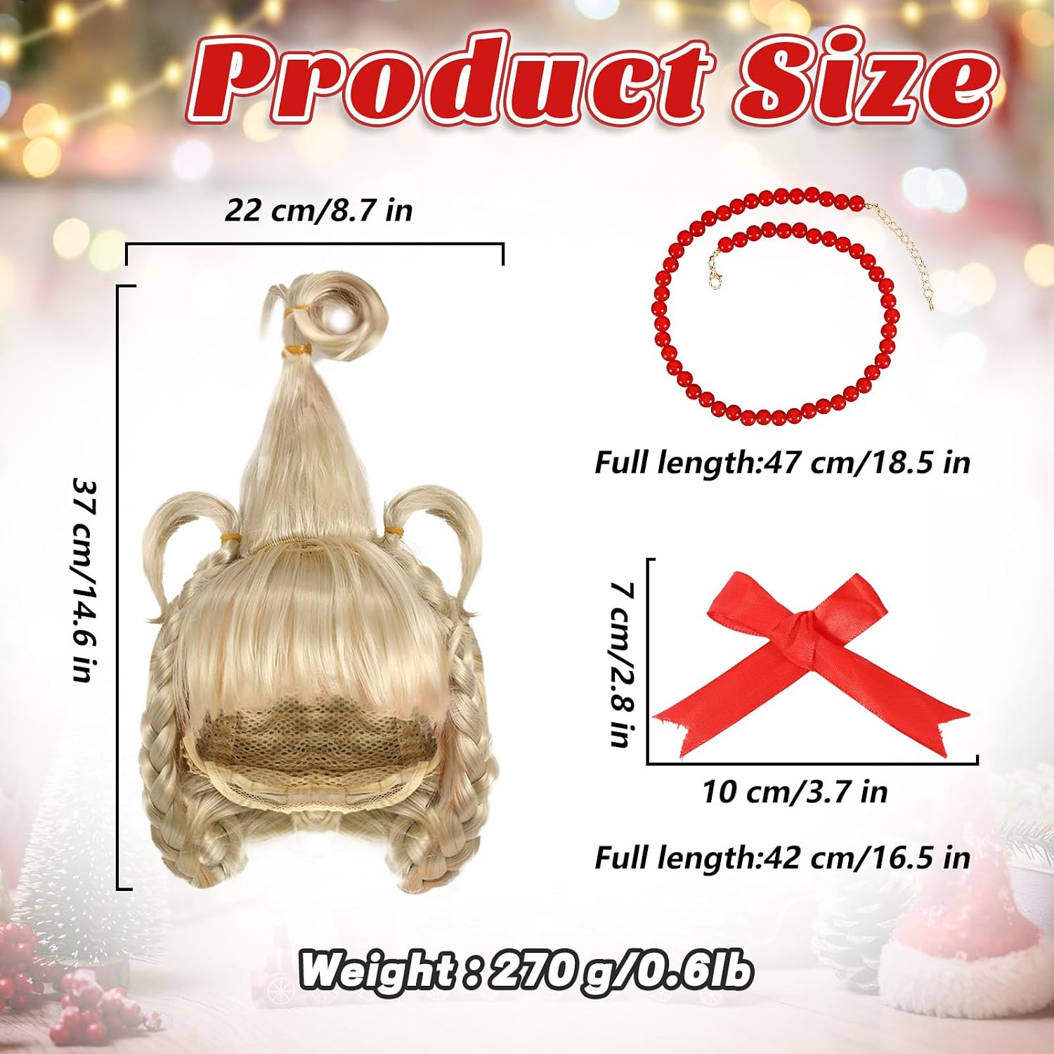 Women Christmas Blonde Wig with Red Bow Necklace Long Braided Wig Costume Halloween Cosplay Accessory