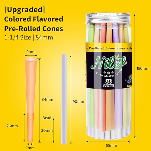 Miniatura 2 de NILEF Conos de pop preenrollados saborizados  Paquete de 30  6 sabores diferentes  5 conos de cada sabor  3.307 in  Punta de filtro con cuentas de