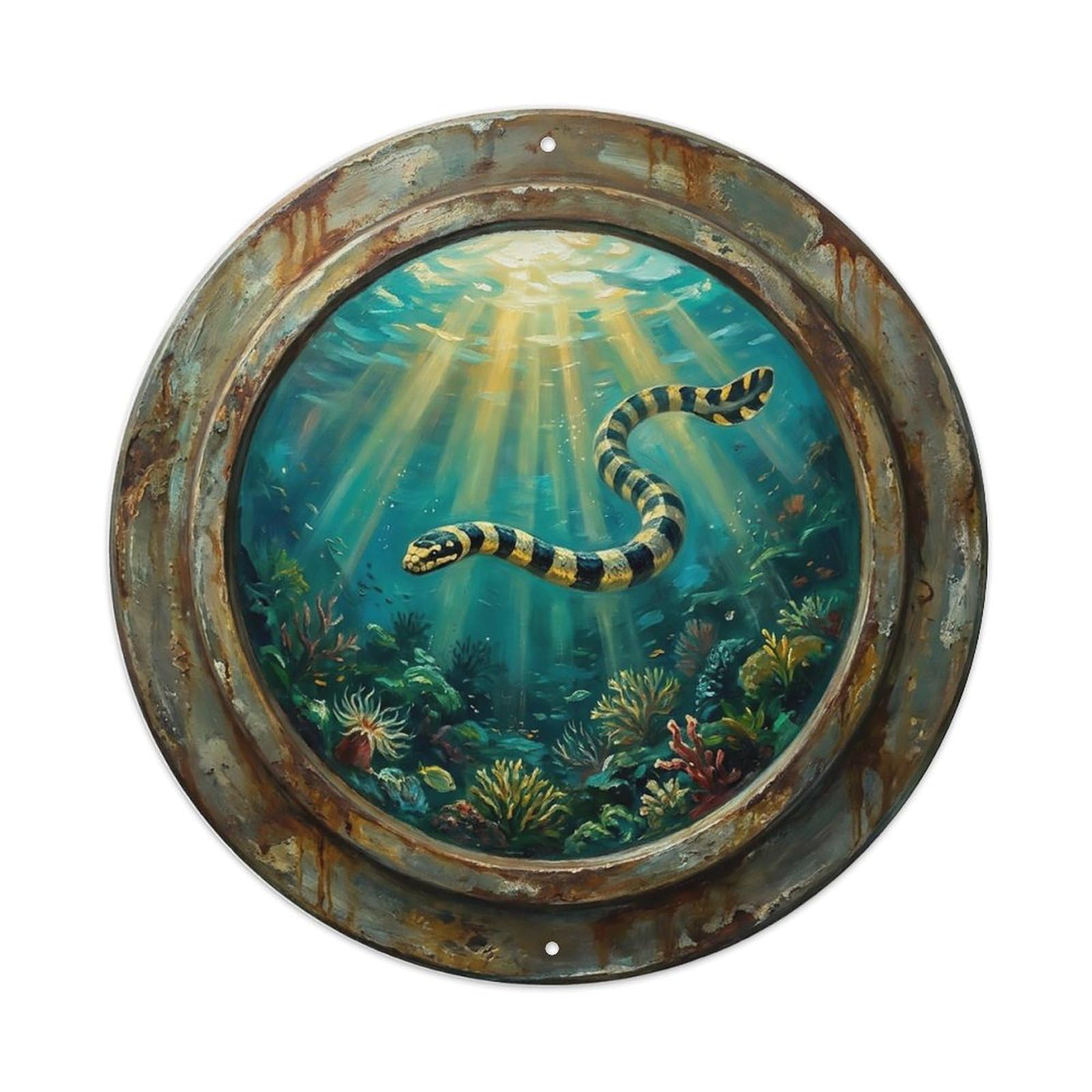 Vintage Porthole Sea Snake Swimming Ship Window Undersea Deep Sea Metal Tin Sign