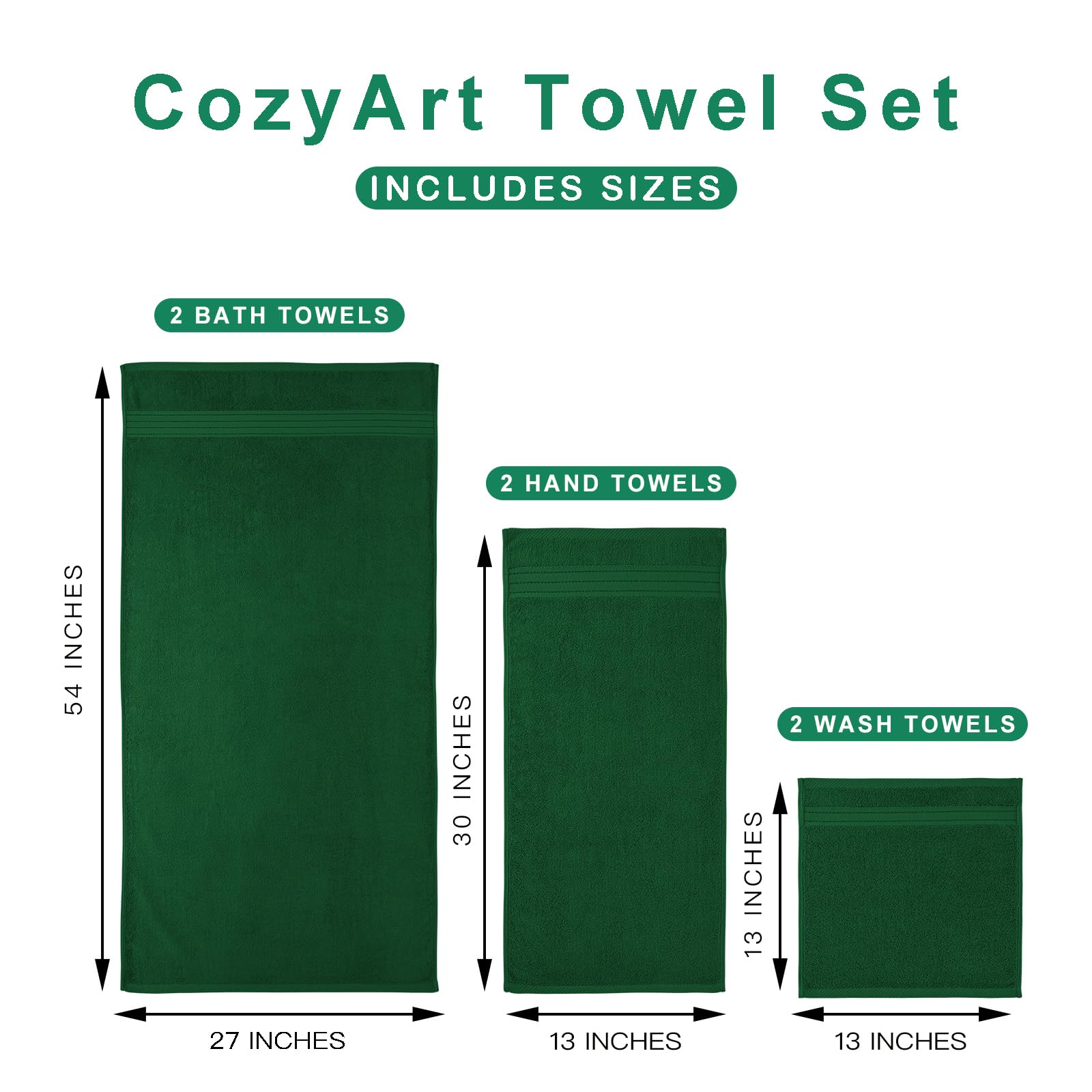 COZYART Formalny zielony zestaw ręczników kąpielowych, 6-częściowy, luksusowa, 100% turecka bawełna, 650 g/m², jakość hotelowa, miękkie, chłonne, zestawy ręczników do łazienki, 2 ręczniki kąpielowe, 2