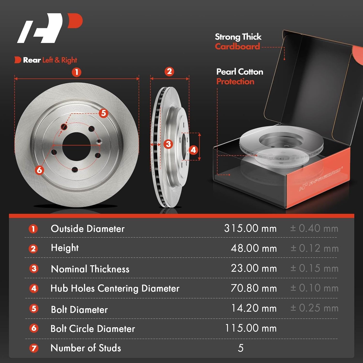 A-Premium 12.40 inch (315mm) Rear Vented Disc Brake Rotors + Ceramic Pads Kit Compatible with Select Cadillac Models - ATS 2016 2017 2018 2019, 6-PC Set