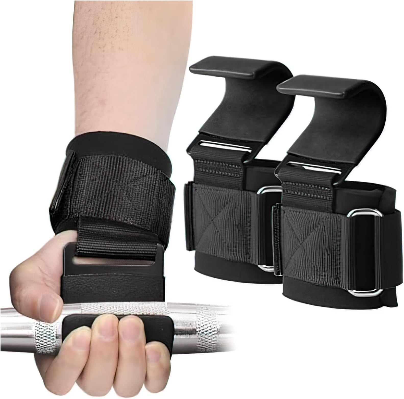 2PCS Heavy Duty Weight lifting Hooks, Non-Slip Wrist Support Straps, Weight Lifting Grips, for Powerlifting Barbell Rows Deadlifts Chin Pull-Up Fitness Strength Training, Gym Workout Straps