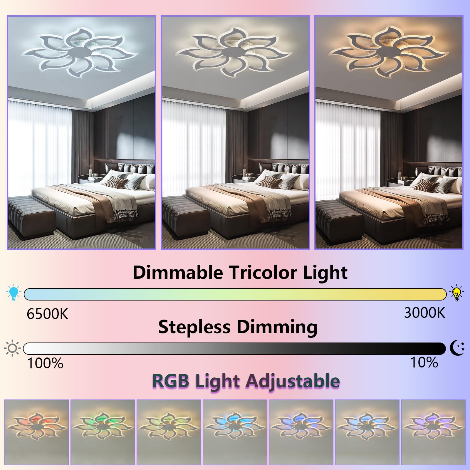 Lampara Techo RGB Luces de Techo con Flores Mando a Distancia APP Temporizador Brillo Ajustable 3 Temperaturas de Luz Nocturna y Función Memoria para Dormitorios, Blanco