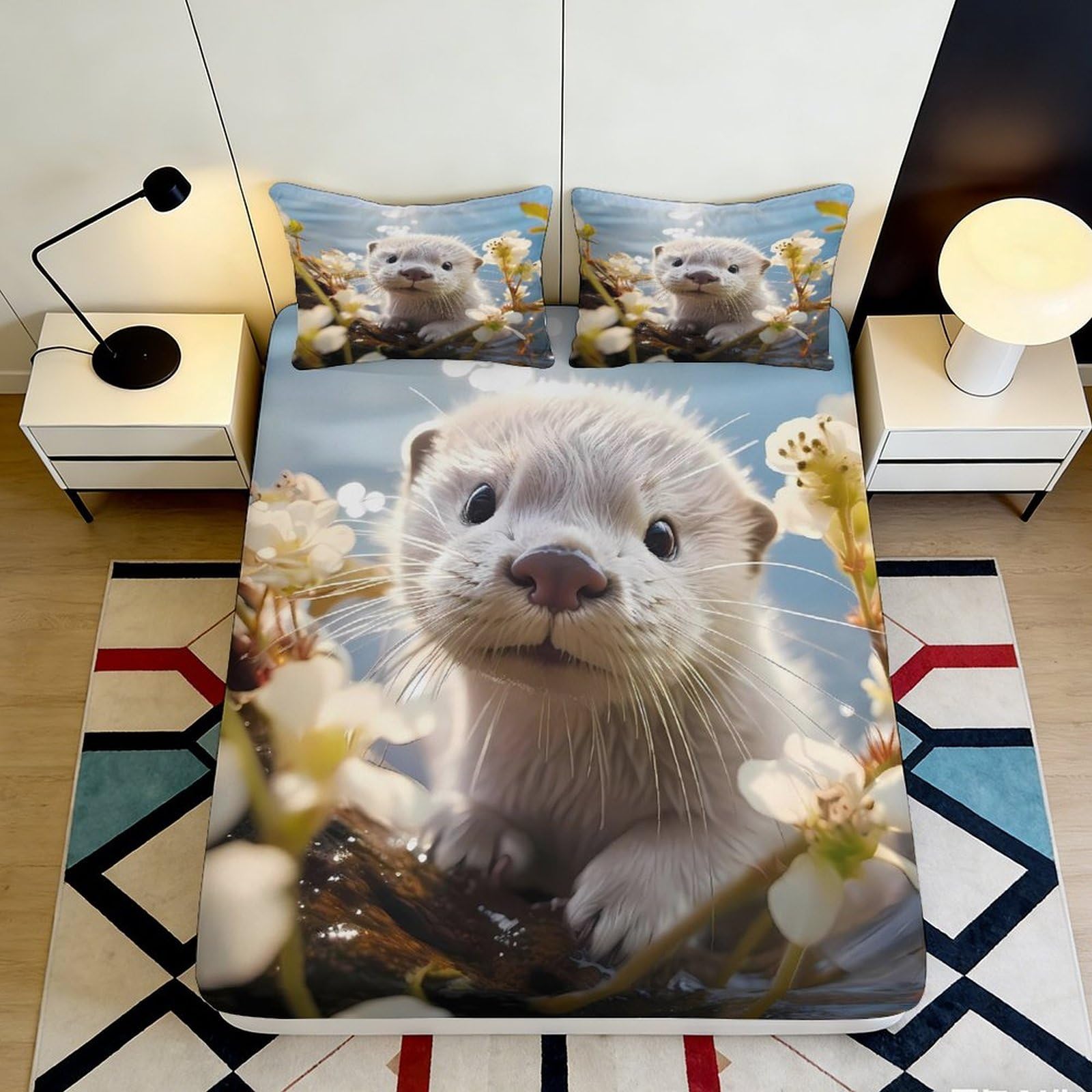 3D Printed Otter Pattern Fitted Sheet Microfiber Deep Pocket Non-Slip Otter Mattress Fitted Cover Breathable for Bedroom 90x200x25cm