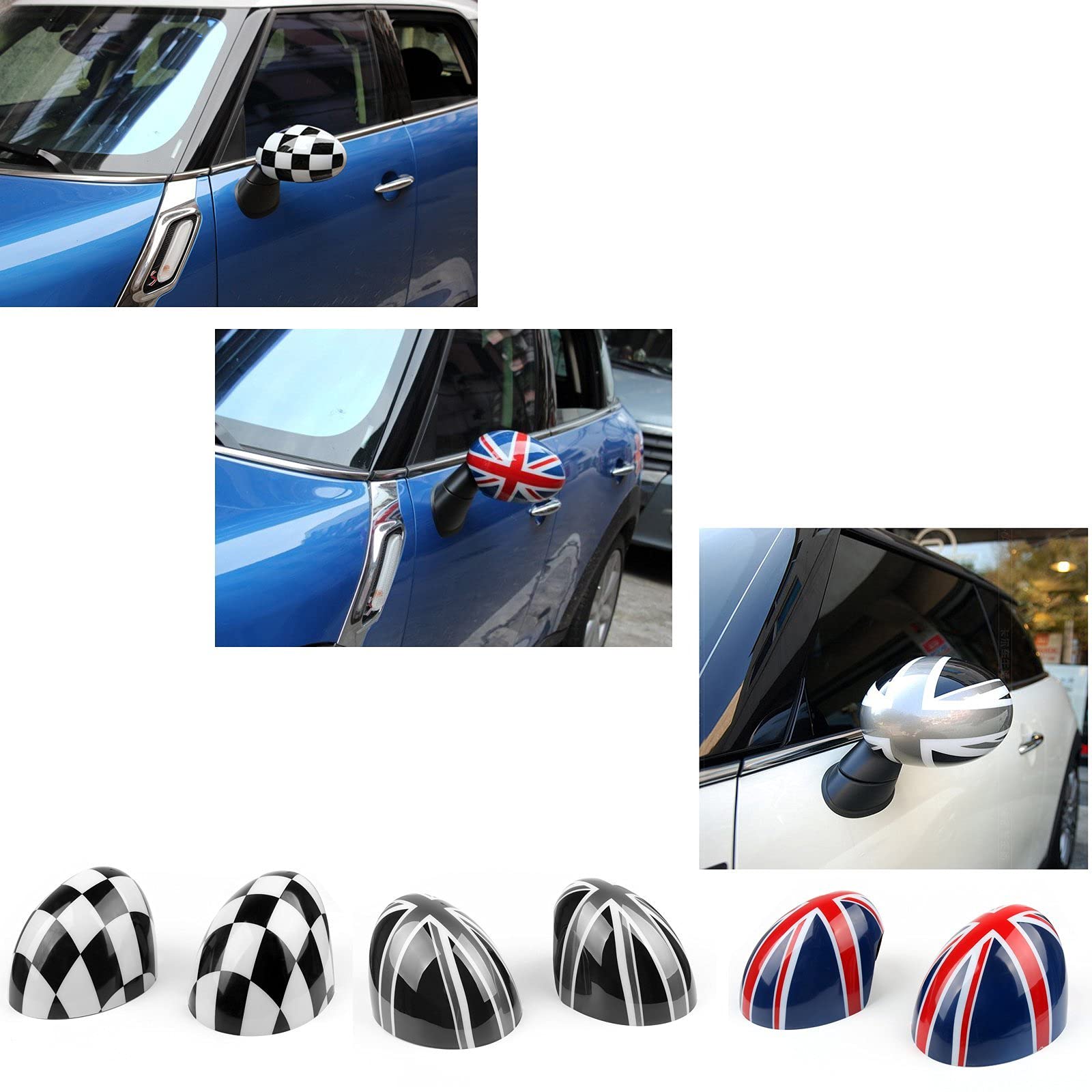 Topteng 2 x Checkered Mirror Caps Covers for MINI Cooper R55 R56 R57