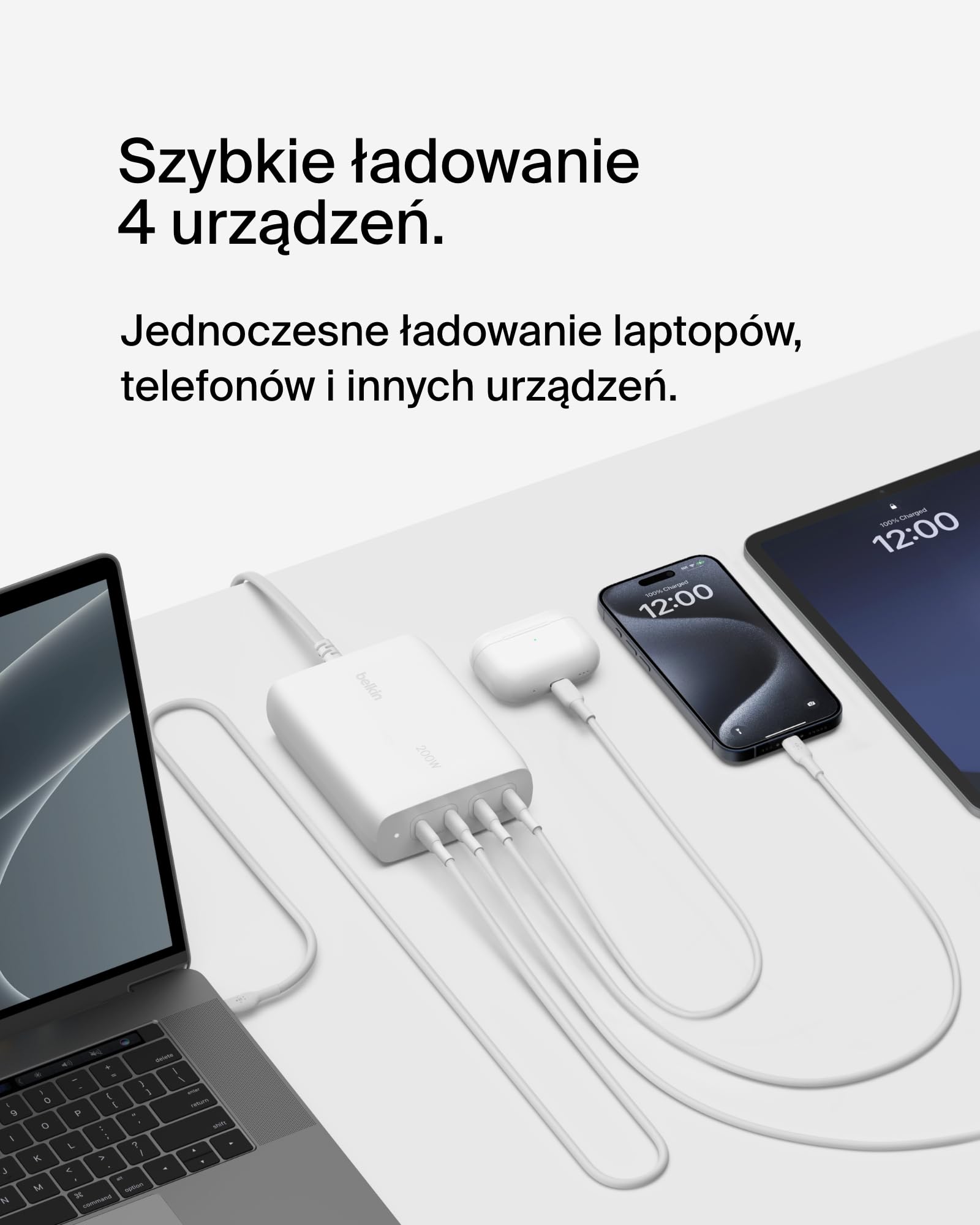 Belkin BoostCharge 4-portowa Ładowarka Sieciowa USB-C GaN 200 W z PD 3.1 Fast Charge + Kabel 1,5 m, Do MacBooka Pro, iPhone'a 16, 15, iPada Pro, Galaxy S24, Google Pixel
