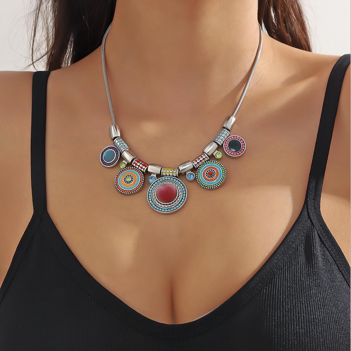 Bethynas Boho Ethnic Round Charm Pendant Choker Necklace Retro Silver-Toned Hippie Chunky Neck Chain Tribal Pattern Statement Accessories for Women - Image 2