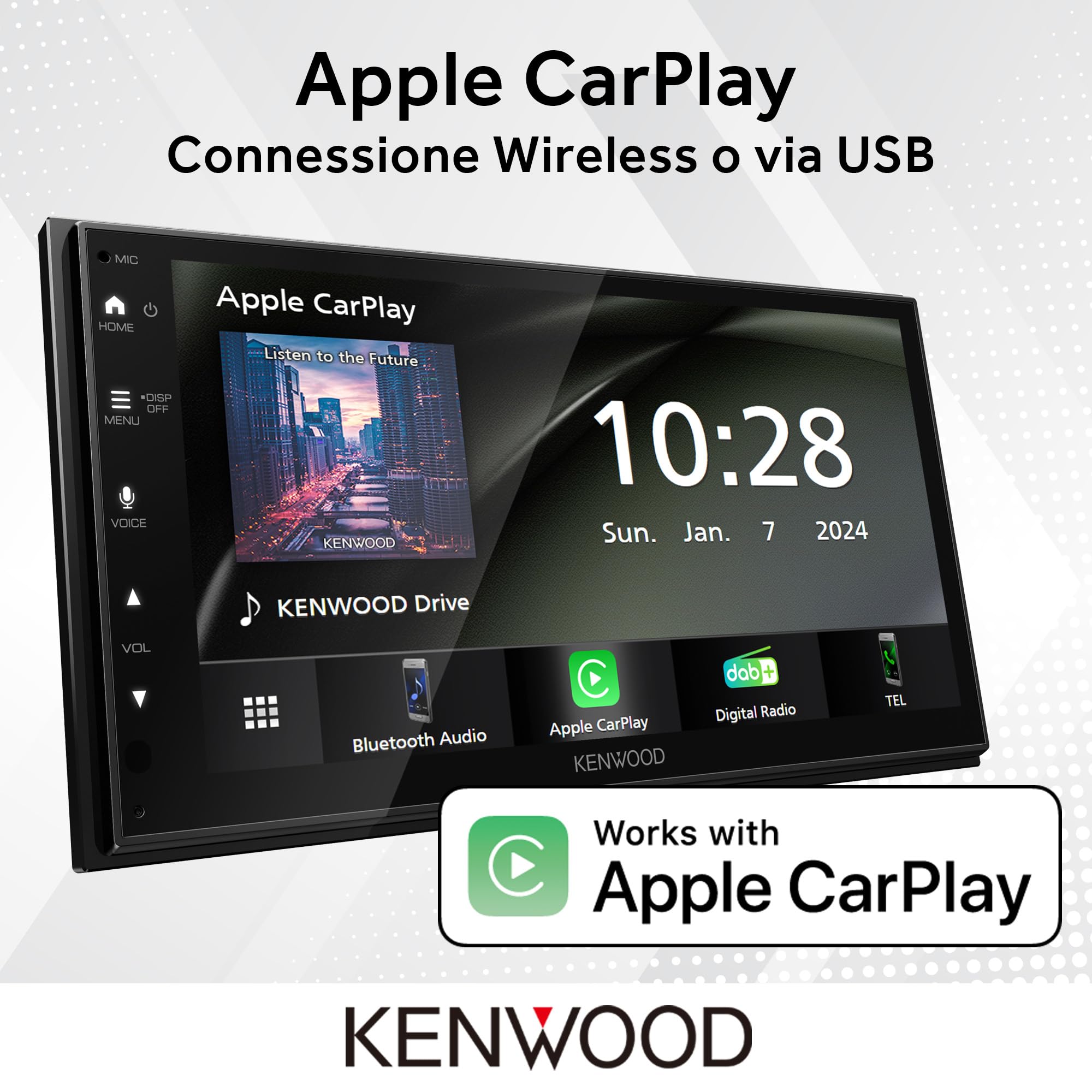 KENWOOD DMX6523DABS AV Mechless 6,8" WSVGA, DAB+, CarPlay/Android Auto wireless/cavo, Wireless Mirroring 2-Way, Bluetooth, Ingresso retrocamera – Nero