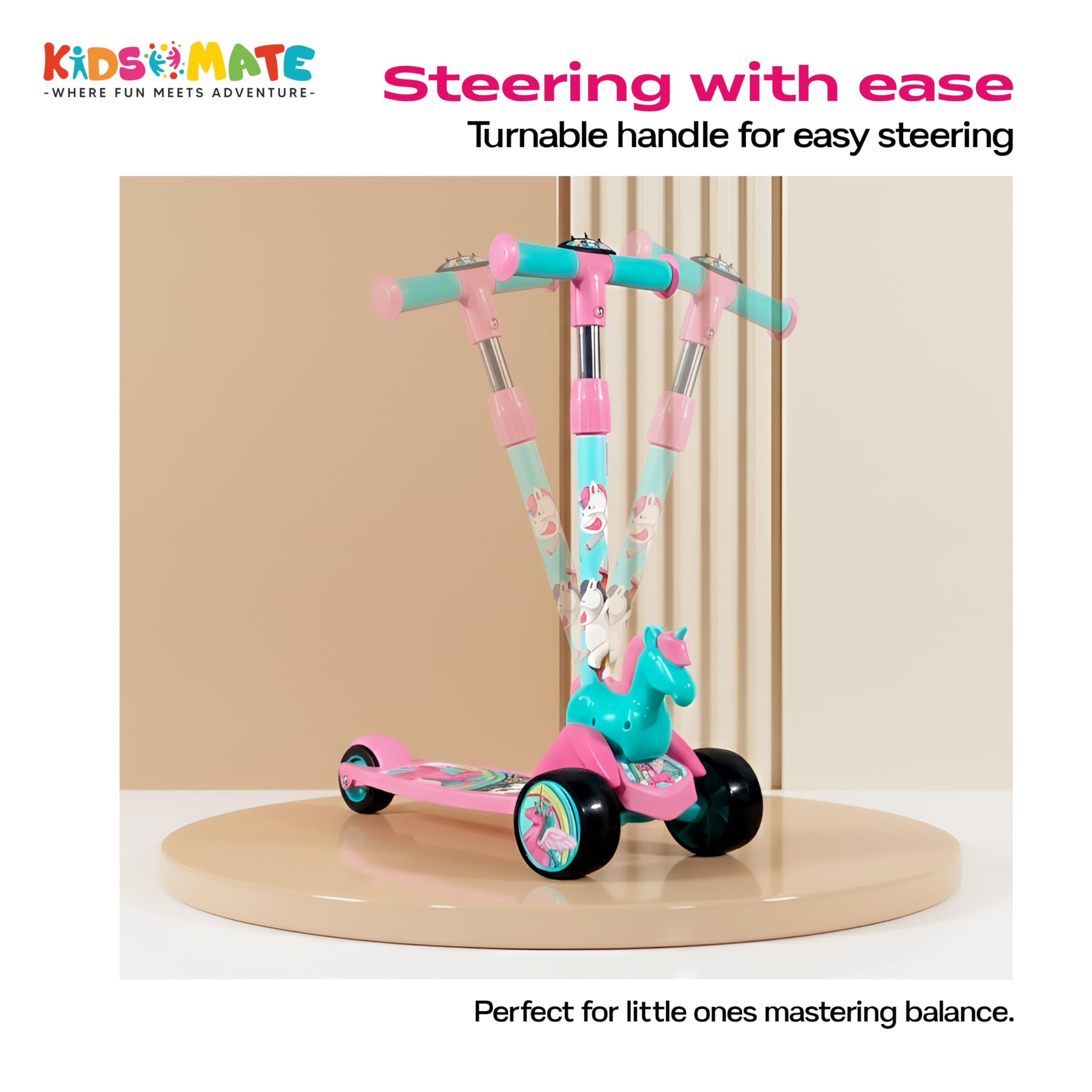 Kidsmate Unicorn Kick Scooter for Kids Age 3-8 Years | 3-Level Adjustable Height & PVC Wheels | Wide Non-Slip Deck & Rear Push Brake | Foldable Kids Scooters for Boys & Girls - Pink 4