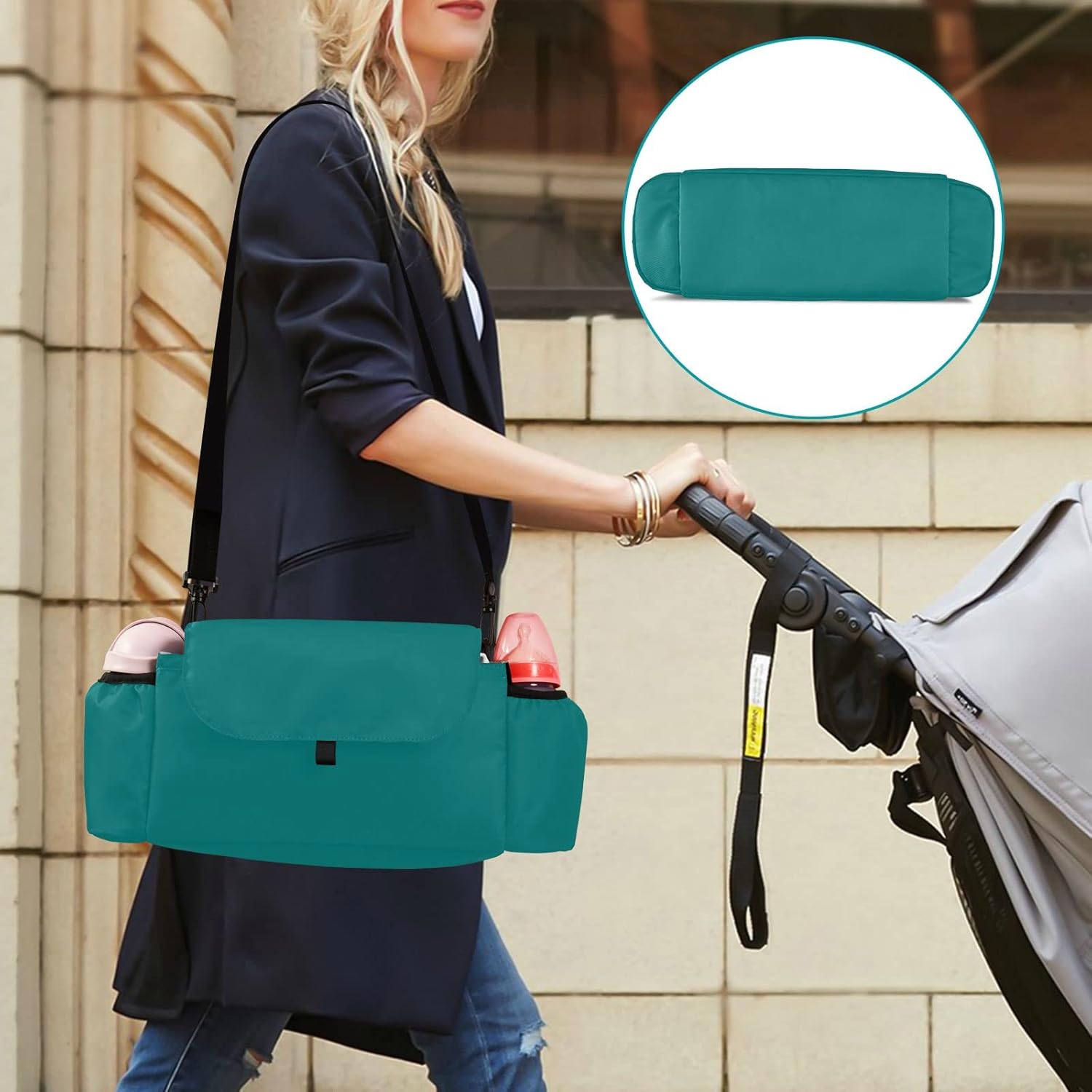 Dark Green Baby Stroller Organizers Universal with 2 Cup Holder and Detachable Shoulder Strap, Large capacity, 17''x6''x6'' 20807