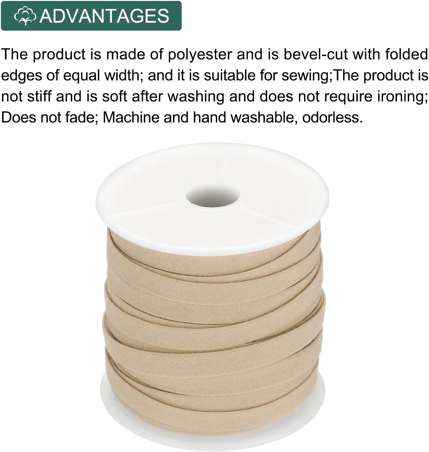 MECCANIXITY 1/4 Inch Double Fold Bias Tape Continuous Bulk Cotton Bias Tape for Sewing Seaming Quilting Hemming Binding Crafts (Khaki 25 Yards)