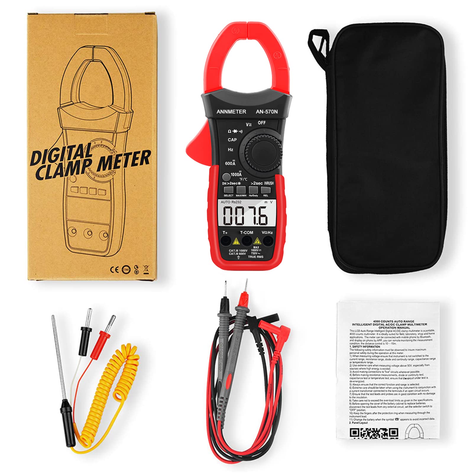 Digital AC DC Inrush Current Clamp Multimeter, 6000 Counts TRMS Auto Range DMM Meter for AC/DC