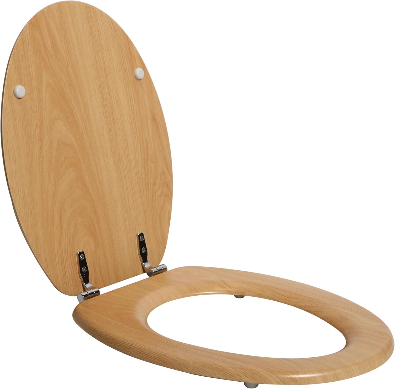 SENSEA POP Oval Toilet Seat, open, showing pine wood effect and metal hinges.