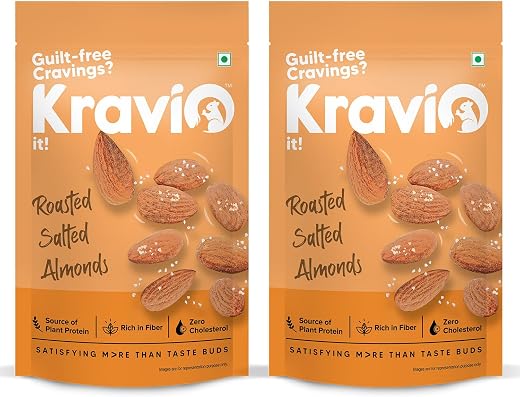Kravio Premium Roasted Salted Almonds (2 X 200g) | Zero Cholesterol Natural Whole California Badam Nuts &amp; Dry Fruits | Ric...