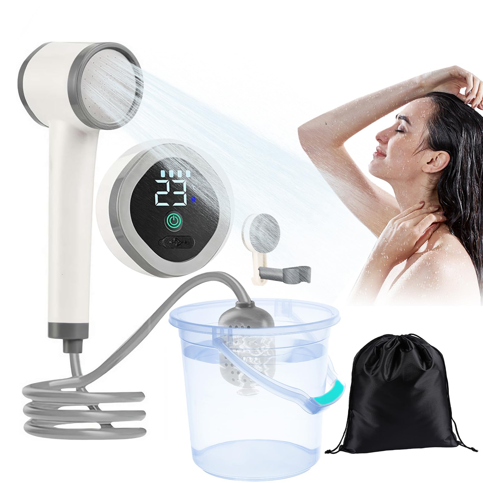 Azure Cantara Portable Shower for Camping, Rechargeable Camping Shower Pump with Intelligent LED Display, Outdoor Shower Kit for Camp, Hiking, Car Washing, Pet Bath