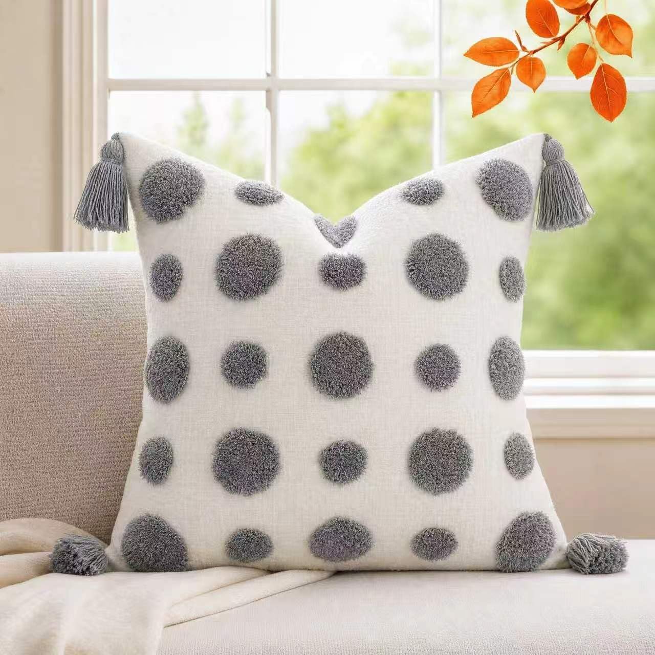 PANOD Super Soft Farmhouse Decorative Plush Throw Pillow Covers 24 x 24 Grey,Solid Pom pom Tufted with Tassels Modern Accent Boho Square Cushion Cover Pillow Case for Couch Sofa