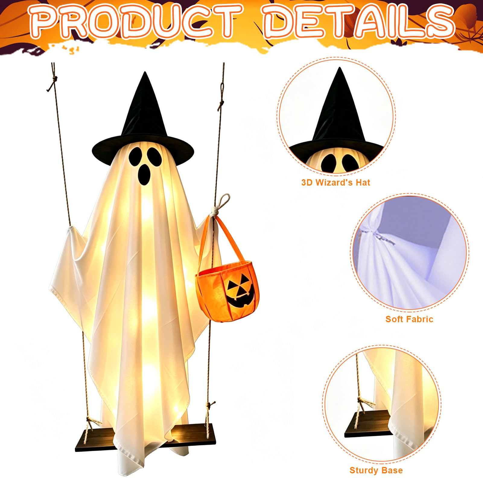 Halloween Deko Outdoor Leuchtend Geister Hängend mit Lichterkette 1.5M (A) | Hängende Geister Schaukel mit Kürbis Tüten, Gruselige Leuchtend Geist mit Hexenhut Auf Holzschaukel für Halloween Deko Garten