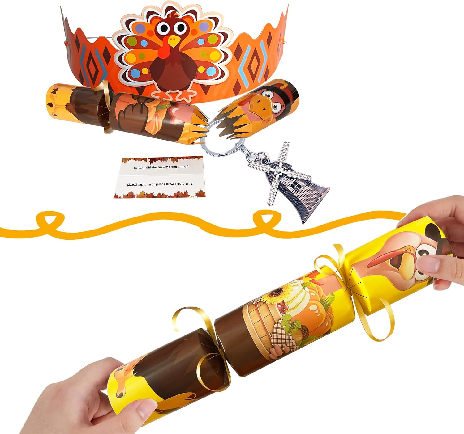 10Pack 10" Thanksgiving Non-Snap Party Favors - Turkey Design With Thanksgiving Hat, Joke and Gift For Adults