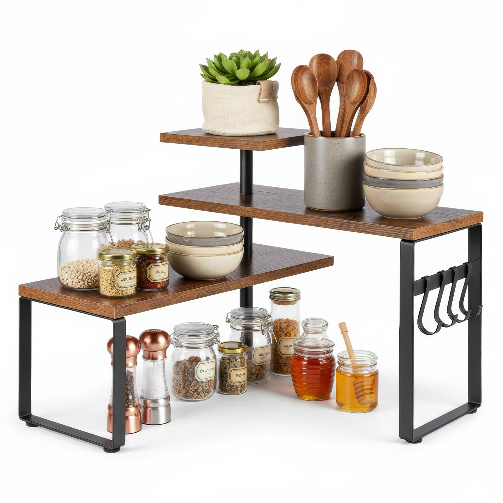 SUNNYNEST 3-Tier Adjustable Countertop Organizer Spice Rack, Corner Shelf with 4 Hooks, Rustic Kitchen Counter Organizer for Coffee Bar, Bathroom, Cabinet, Desk (Brown)