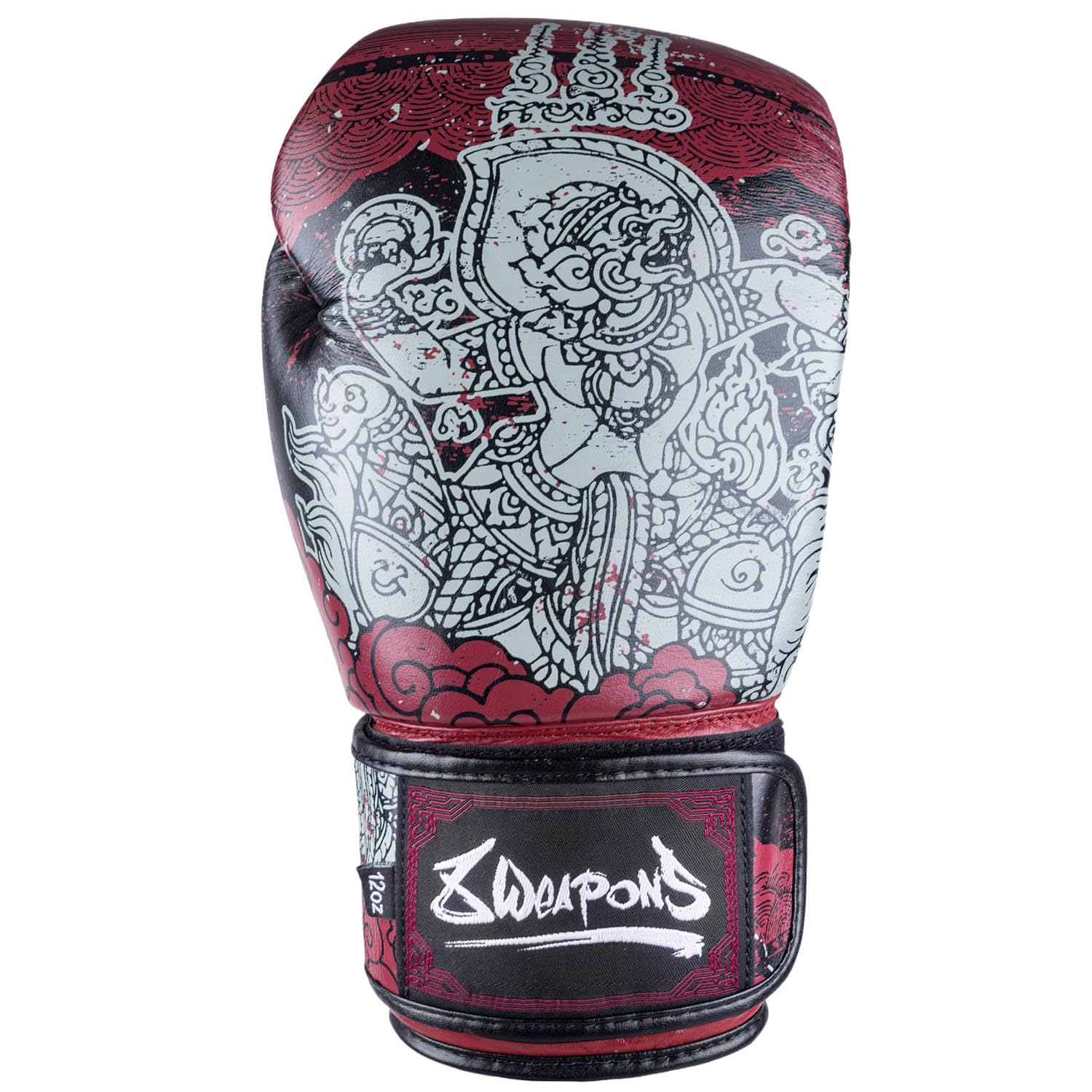 8 WEAPONS Boxhandschuhe Hanuman Yant, Schwarz-rot, Training, Sparring & Wettkampf, Leder, Perfekte Dämpfung & stabile Nähte, Handschuhe für Muay Thai, K1, Boxen, MMA und Kickboxen