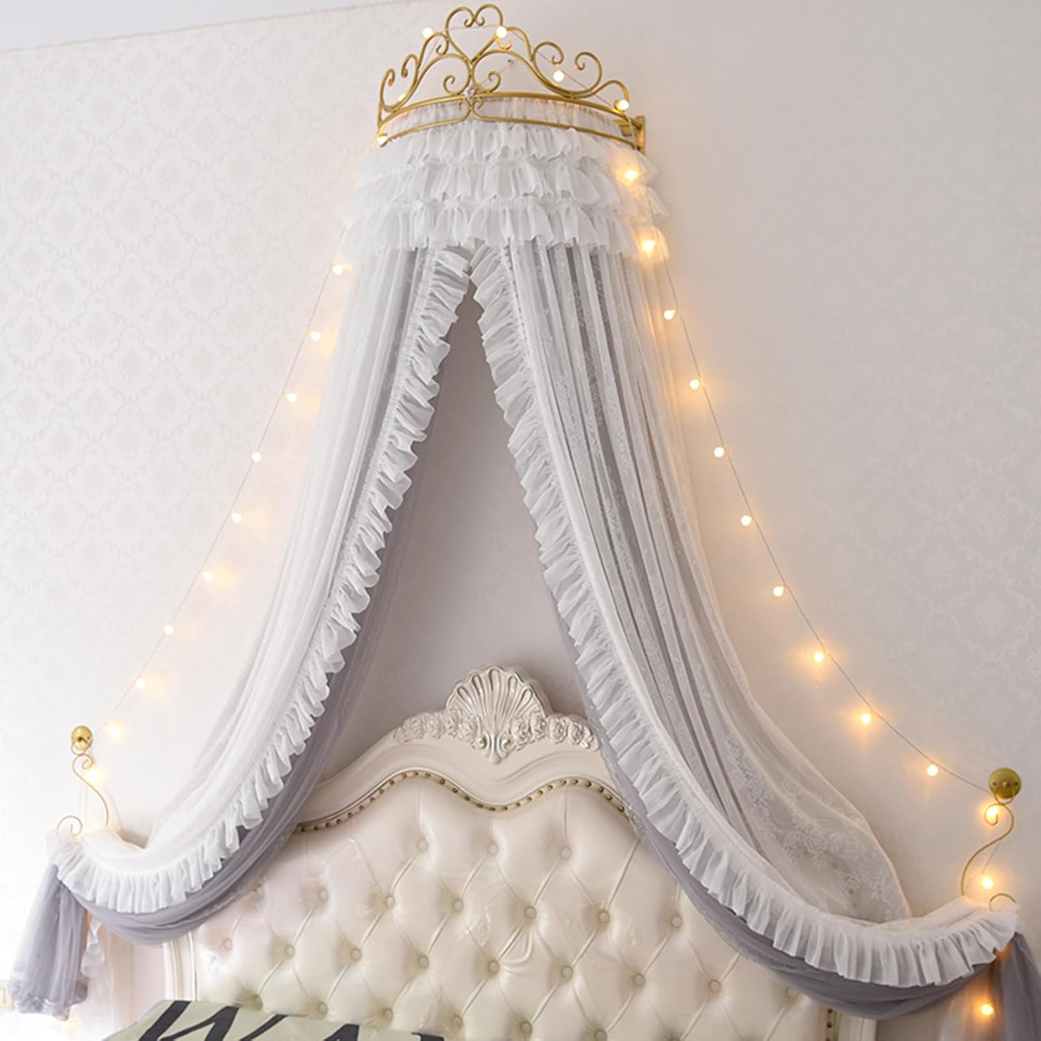 Bed Canopy with Crown Dome with Stars String Lights, Decor Bed Canopies & Drapes-Double Layer Lace and Mesh Dreamy Mosquito Net Bedding Reading Nook Canopies