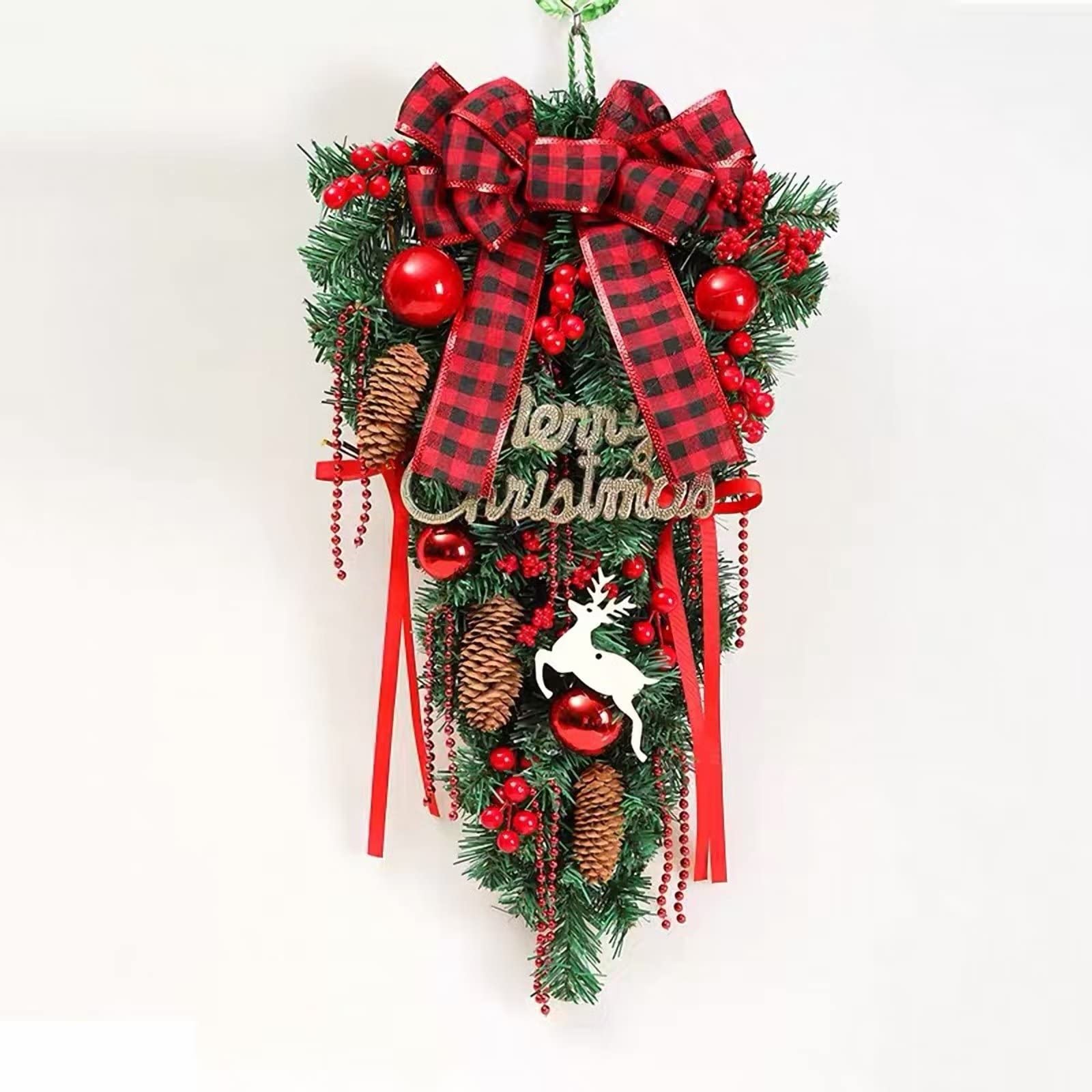 Plancholo 24'' Christmas Teardrop Swag, Artificial Swag Wreath Decoration with Christmas Ball Pine Cone Berry Buffalo Plaid Bow for Front Door Window Xmas Home Decor, Red (TeardropSWA712N53)