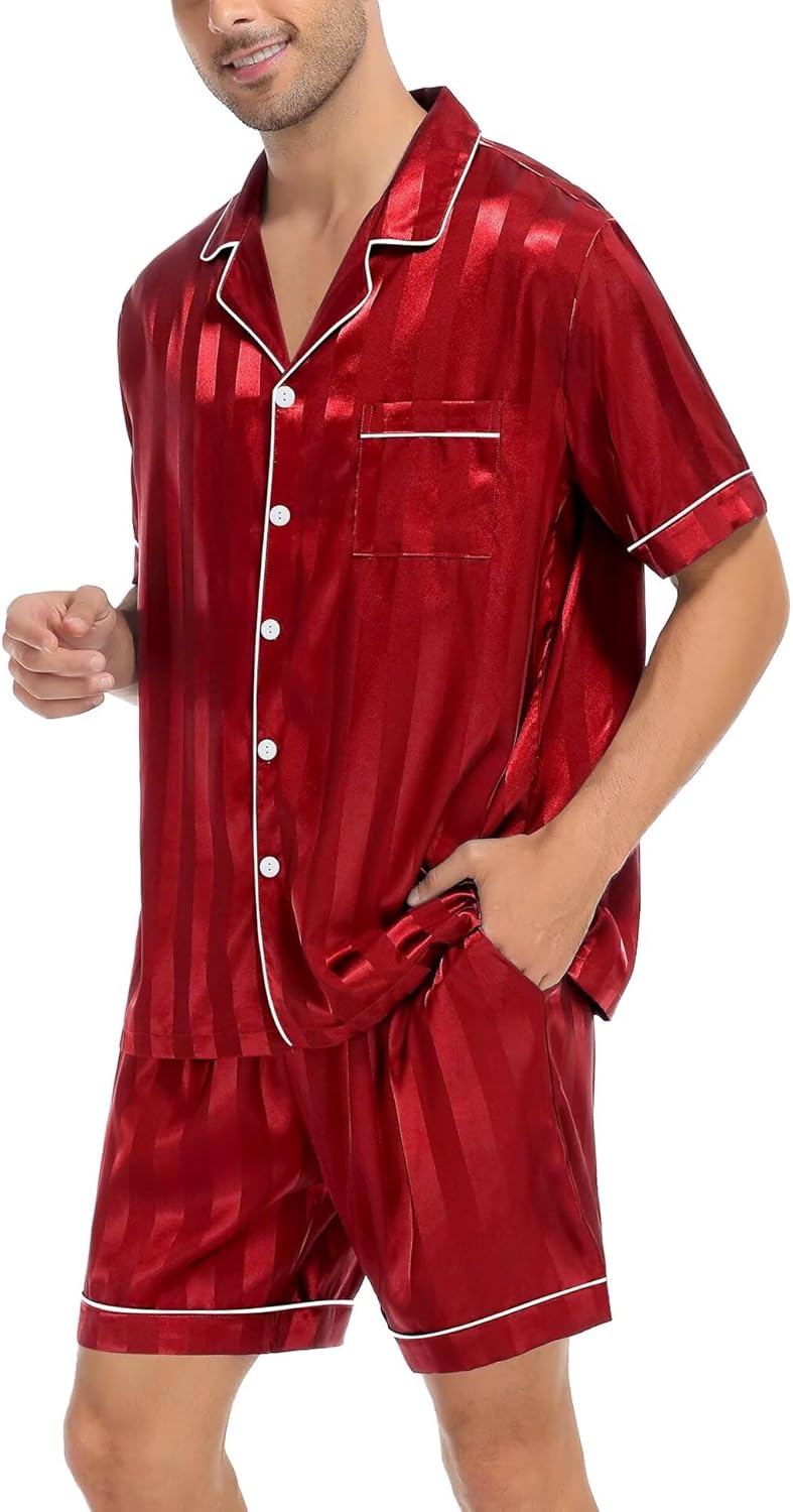 SWOMOG Men Satin Silk Pajamas Sets Short Sleeve Sleepwear Button-Down PJs Sets Two-Pieces Loungewear with Pockets - Image 2