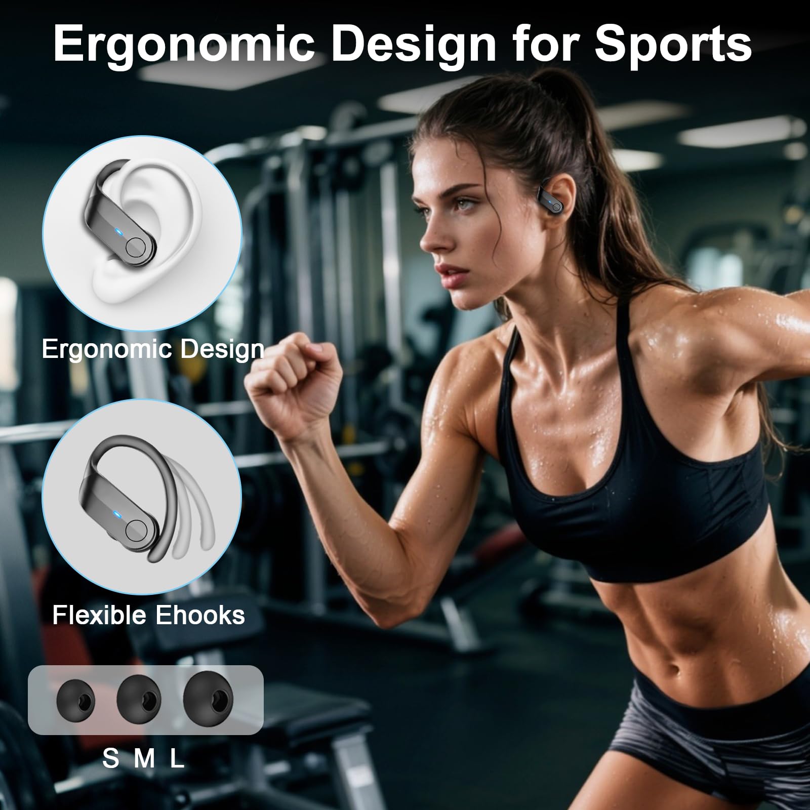 Ecouteurs Bluetooth sans Fil Sport, 2026 Ecouteurs sans Fil 5.4 avec HiFi Stéréo, Écouteur Running Étanches IPX8, 70H Oreillette Bluetooth avec ENC Réduction Bruit Mic, USB-C Charge/LED Casque, Noir