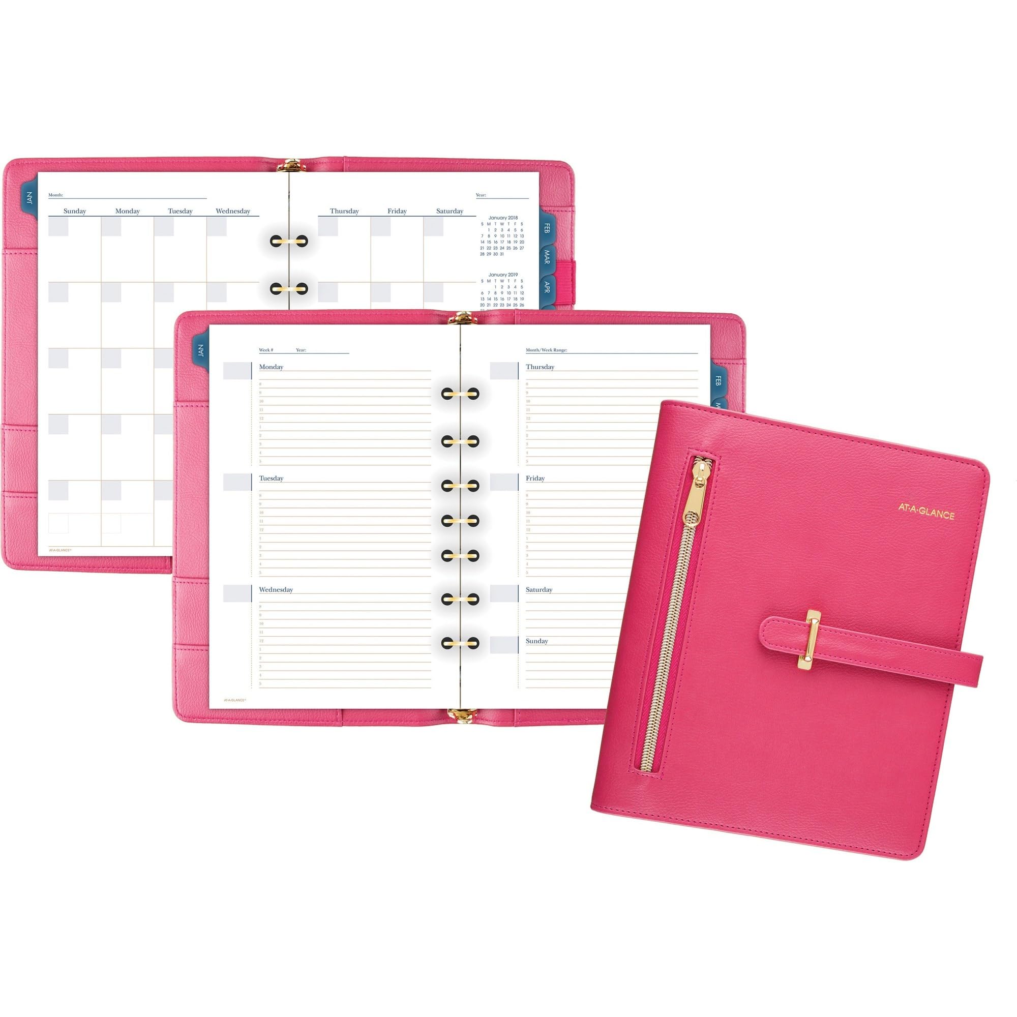 AT-A-GLANCE Faux Leather Undated Starter Set, 7-Ring, 5-1/2" x 8-1/2", Desk Size, Fashion, Raspberry (DR1118-040-27)