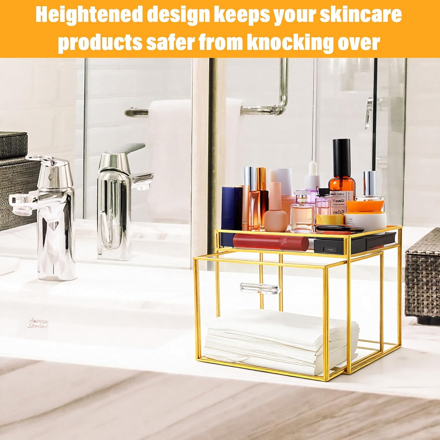 Disposable Face Towel Holder - Premium Glass Clean Towels XL Holder with Gold Frame, Dual Storage Organizer Box for Bathroom Vanity Countertop, Skincare & Makeup Essentials (7.5 x 5.9 x 6.3 Inches)