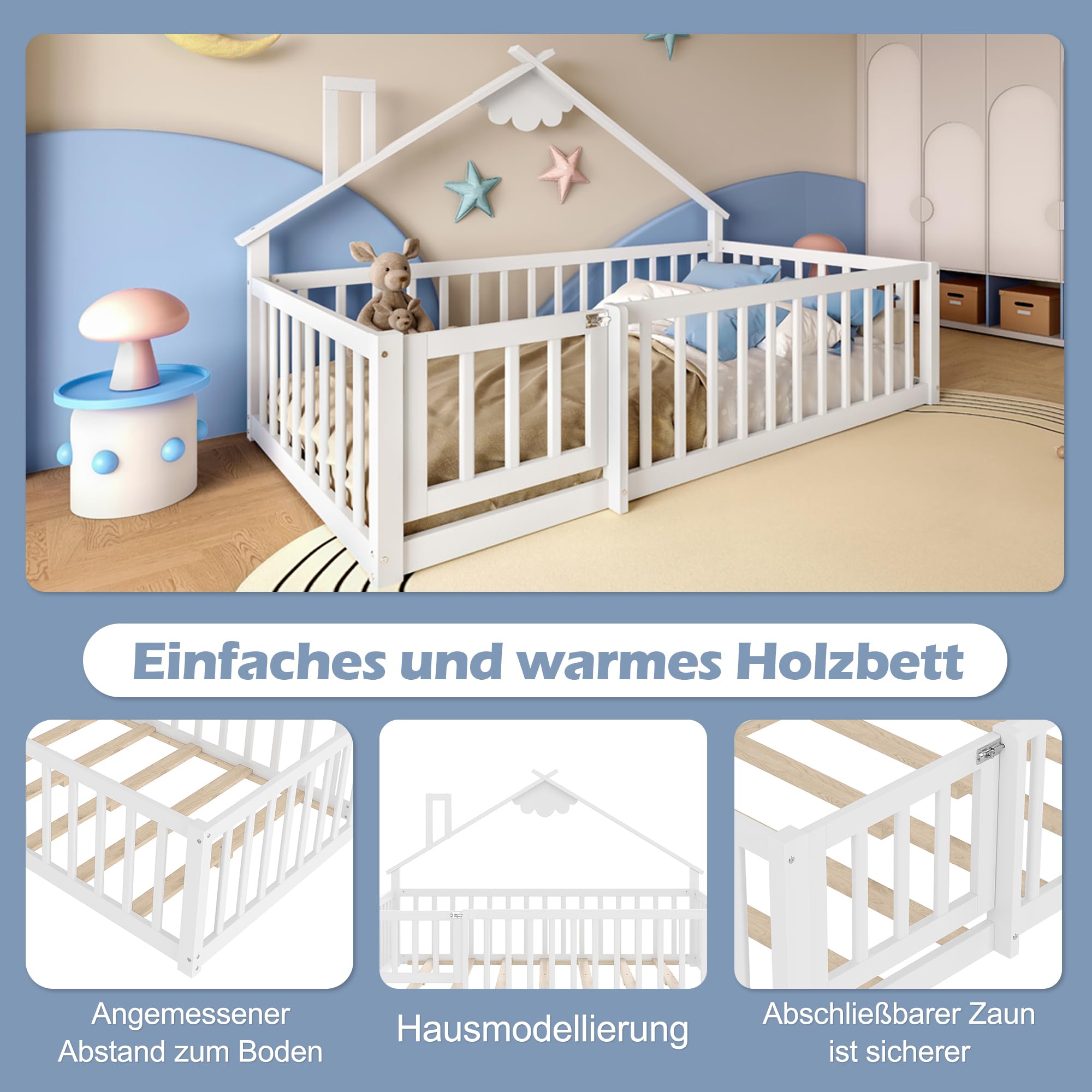 Cama de suelo de 90 x 190 cm con protección anticaída y puerta con cerradura, estructura de cama infantil, cama de madera de pino con somier, cama de madera, sin colchón