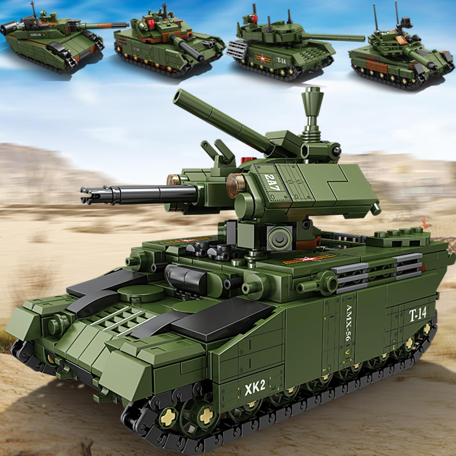 WW2 Army Tanks Toy Building Kit,4 in 1 Transferming Tank,1020Pcs