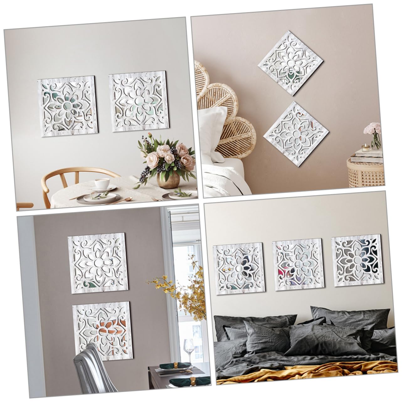 STOBAZA Specchio da Parete Decorativo Quadrato in Acrilico e Legno, Stile Rustico Bianco, 2 Pezzi, per Soggiorno e Ingresso