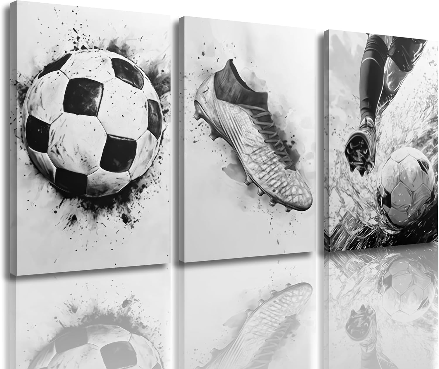 3Pcs Framed Black White Soccer Wall Art Boy Playing Football Wall Decor Pictures Modern Sports Theme Canvas Posters Prints for Stadium Boys Room Locker Room Living Room Home Decoration 12x16in