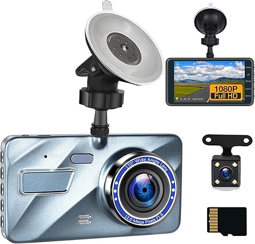 CAMECHO Cámara de salpicadero de 4 pulgadas para automóvil delantero trasero con tarjeta TF de 32G, cámara FHD DVR de 1080P con visión nocturna,