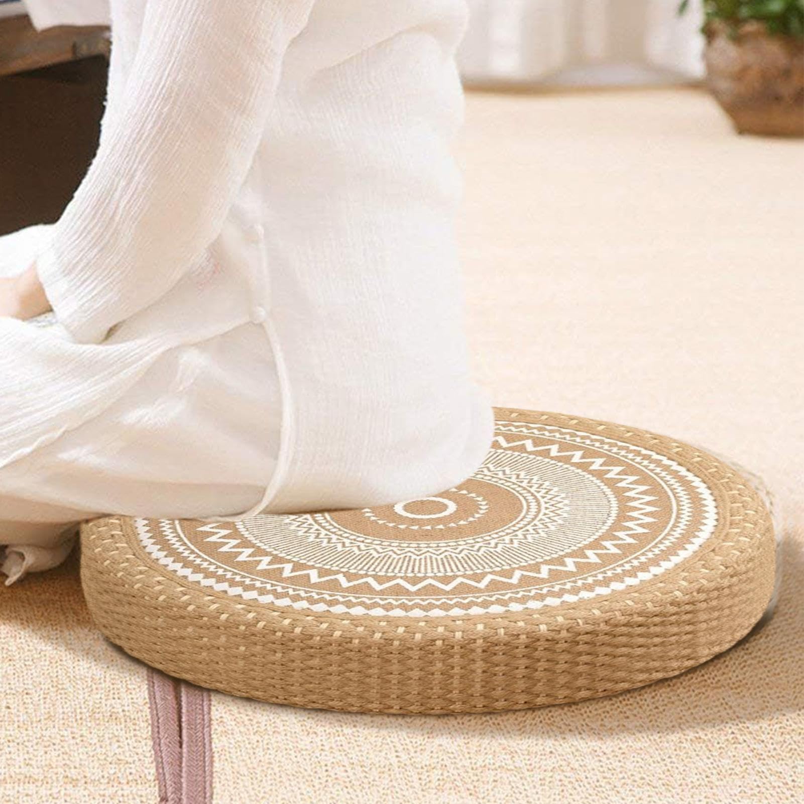 Cuscino per Meditazione Cuscino Rotondo Intrecciato in Paglia per Pavimento | Stile Boho per Arredamento Casa Yoga Soggiorno Sala da Tè Esterno e Interno