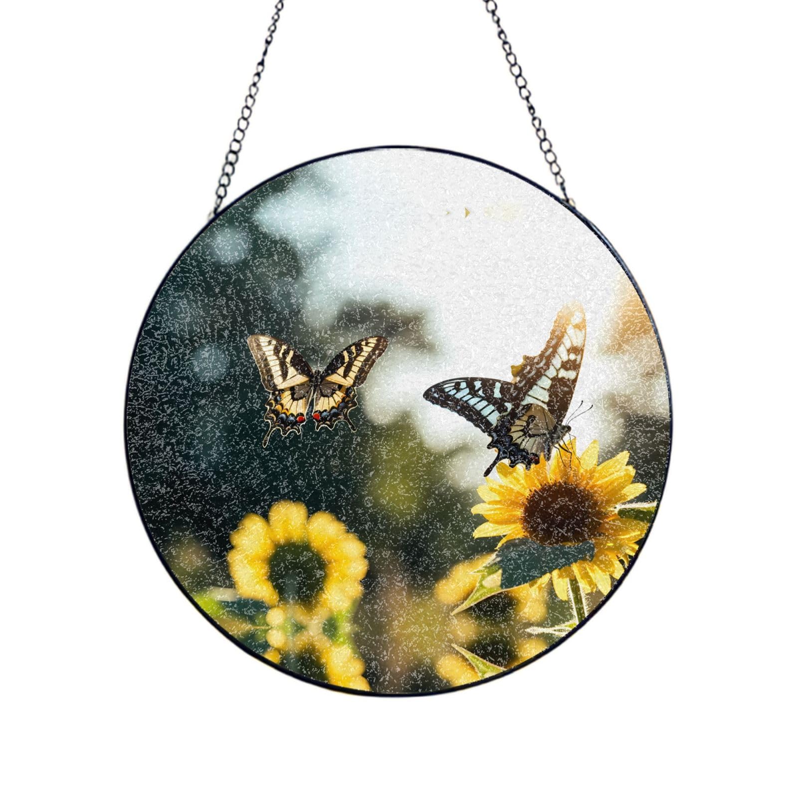Poezjzw Stained Glass Window Hanging - Butterfly On Sunflower Sun Catcher For Door Garden Home Decor Christmas Mother'S Day Birthday Gifts 8in（20cm）