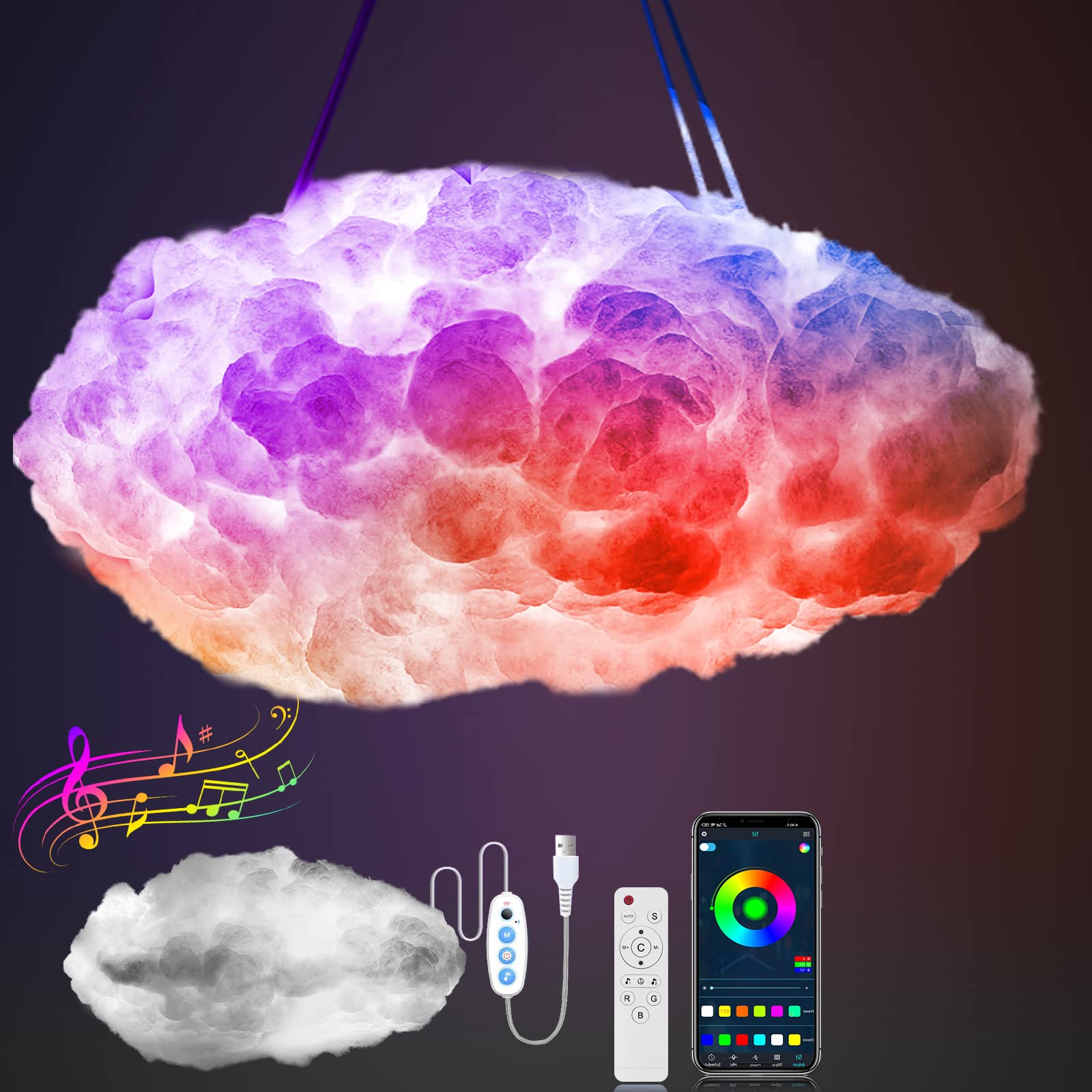 3D RGB Cloud LED Light for Bedroom,Multicolor Creative Night Lighting Kit Music Sync with APP,Wireless Remote Control Lightning Changing Strip Lights,Coolest Decorations for Room Home Party (White)