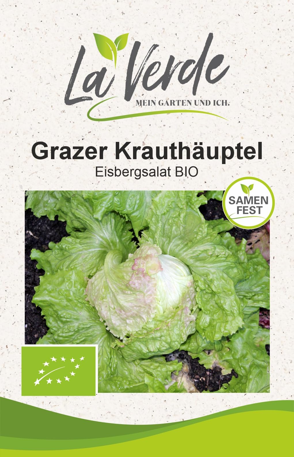 La Verde MEIN GARTEN UND ICH. Grazer Krauthäuptel BIO Eisbergsalat Samen für ca. 120 Pflanzen, Blattgemüse, mild und zart, Saatgut ohne Gentechnik