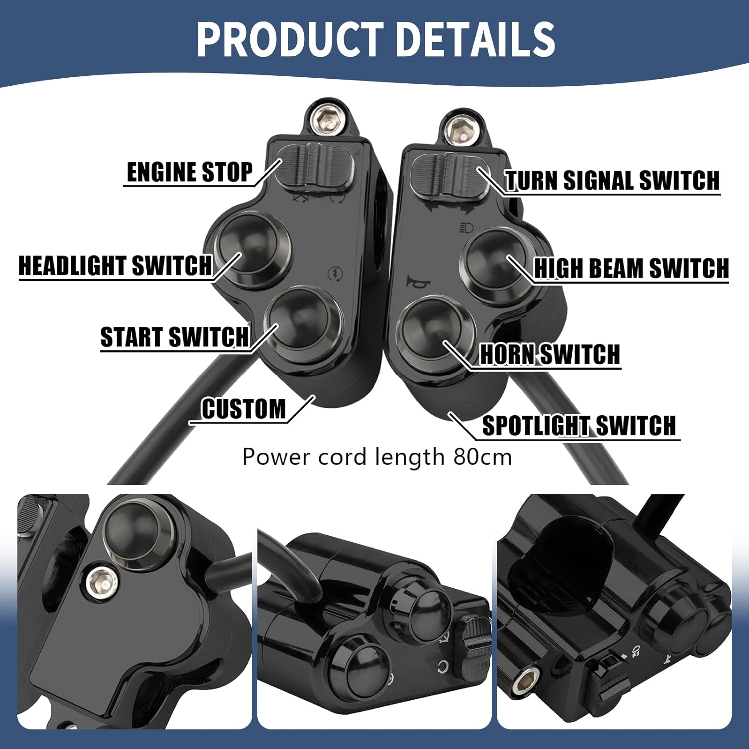 Motorcycle Handlebar Switch 1" 25mm Turn Signal Switch Headlight Starter Horn Power Controls Custom Switches For Harley Honda Suzuki Yamaha Kawasaki Victory Cafe Racer Chopper Bobber Universal (Black)