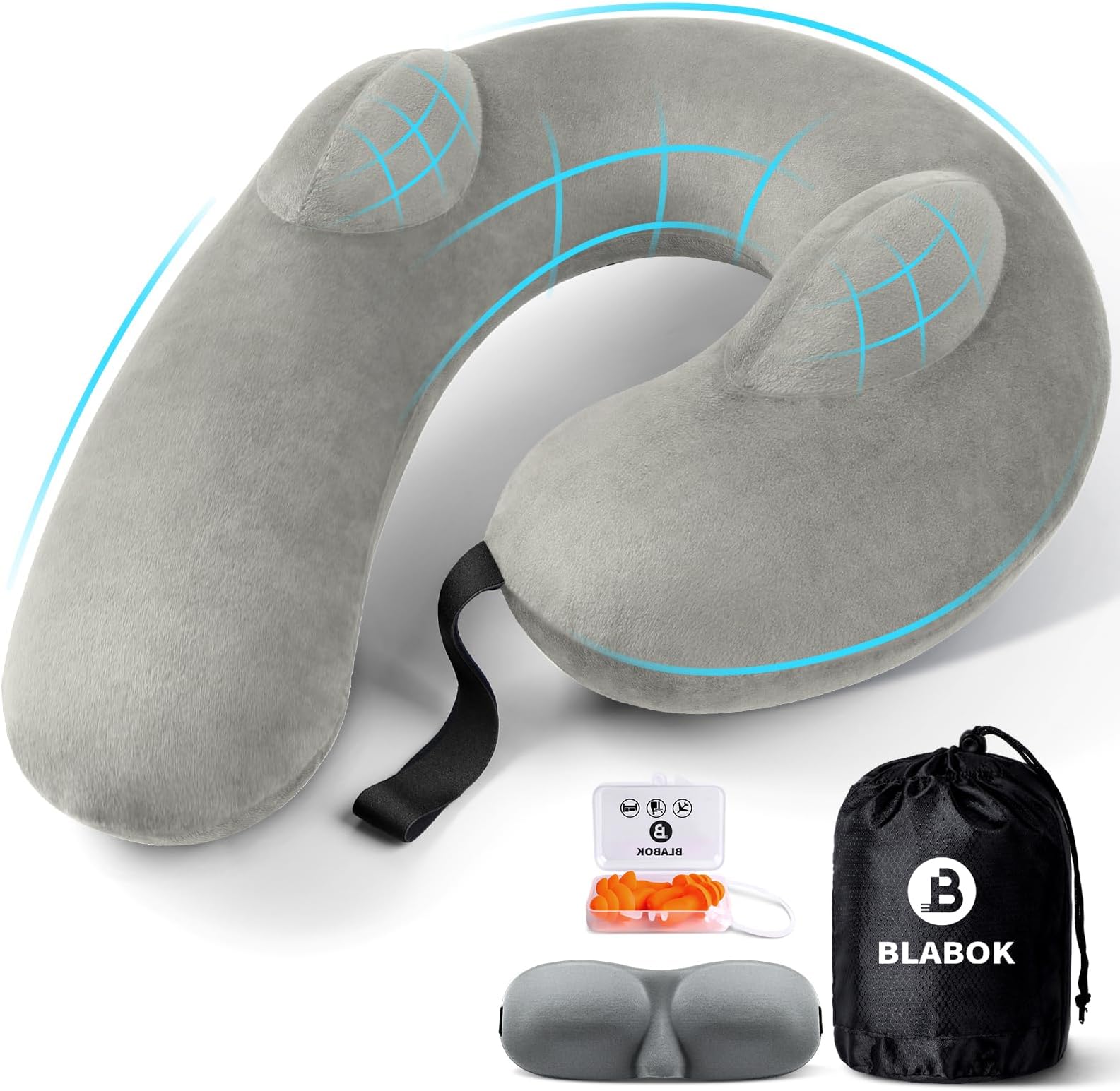 BLABOK Neck Pillow for Travel, Inflatable Travel Neck Pillows for Airplanes,Travel Pillow for Sleeping Airplane-Avoid Neck Pain,Support Head and Neck (Grey)