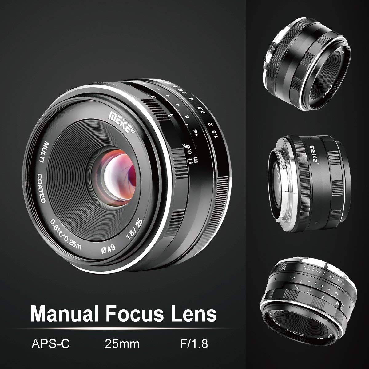 Meike 25mm f / 1,8 Obiettivo grandangolare Obiettivo grandangolare Obiettivo di messa a fuoco manuale per fotocamere mirrorless Sony E-mount con APS-C