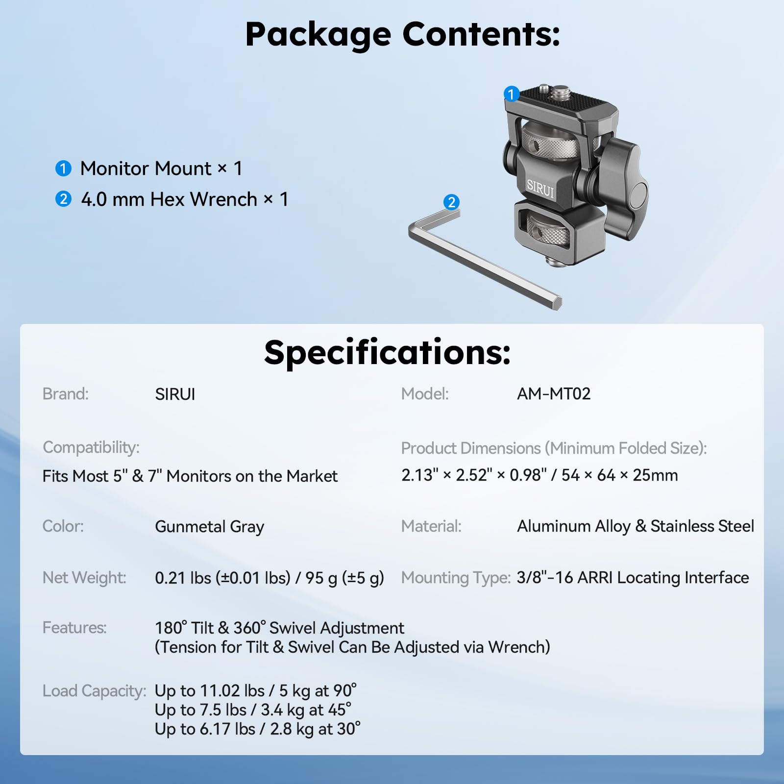 SIRUI ARRI-Style Monitor Halterung mit 3/8" und 1/4"-20 Gewinde, Schwenk- und Neigefunktion, Anti-Dreh-Pin für 5"-7" Monitore, Zubehörhalterung, AM-MT02