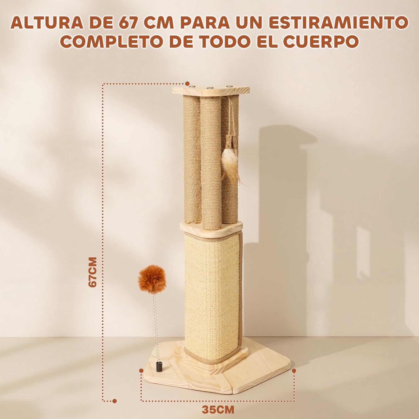 Pawtasy Rascador 67 cm Sisal con Pelota y Plumas para Gatos Interior | Rascador de sisal natural, estable y moderno, con pelota de peluche y plumas, pequeño árbol para gatos de interior