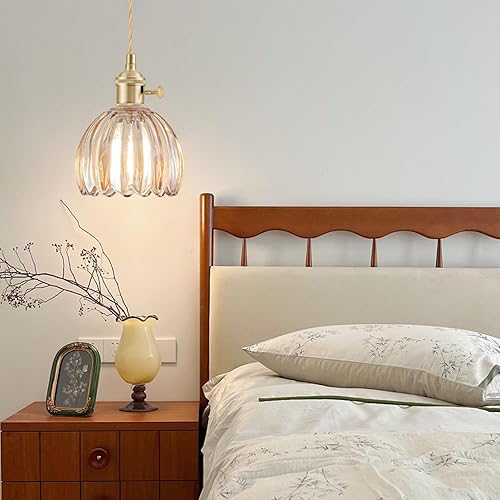 Miniatura 3 de Paquete de 2 mini luces colgantes para isla de cocina, pequeña lámpara colgante ajustable con pantalla de cristal de tulipán ámbar, iluminación