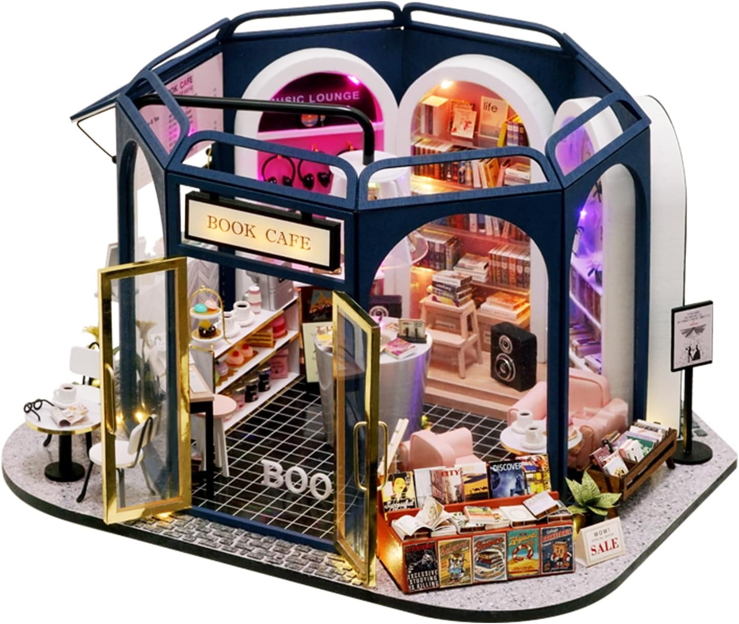 MAGQOO DIY Miniature Dollhouse Kit with Furniture 1:24 Scale Creative Room Mini Wooden Doll House Accessories DIY Miniature House Kit (Book Cafe)