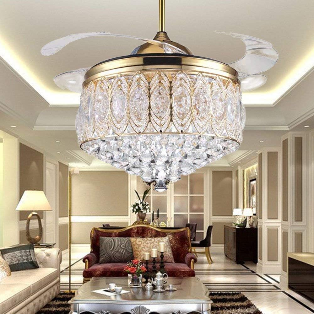 RS Lighting Modern 42-Inch Crystal Ceiling Fan with 4 Retractable Blades and Remote Fan Light for Room Decoration 3 Changed Light Fan Chandelier for Living Bedroom Dining Room Light Fixtures (Gold-10)