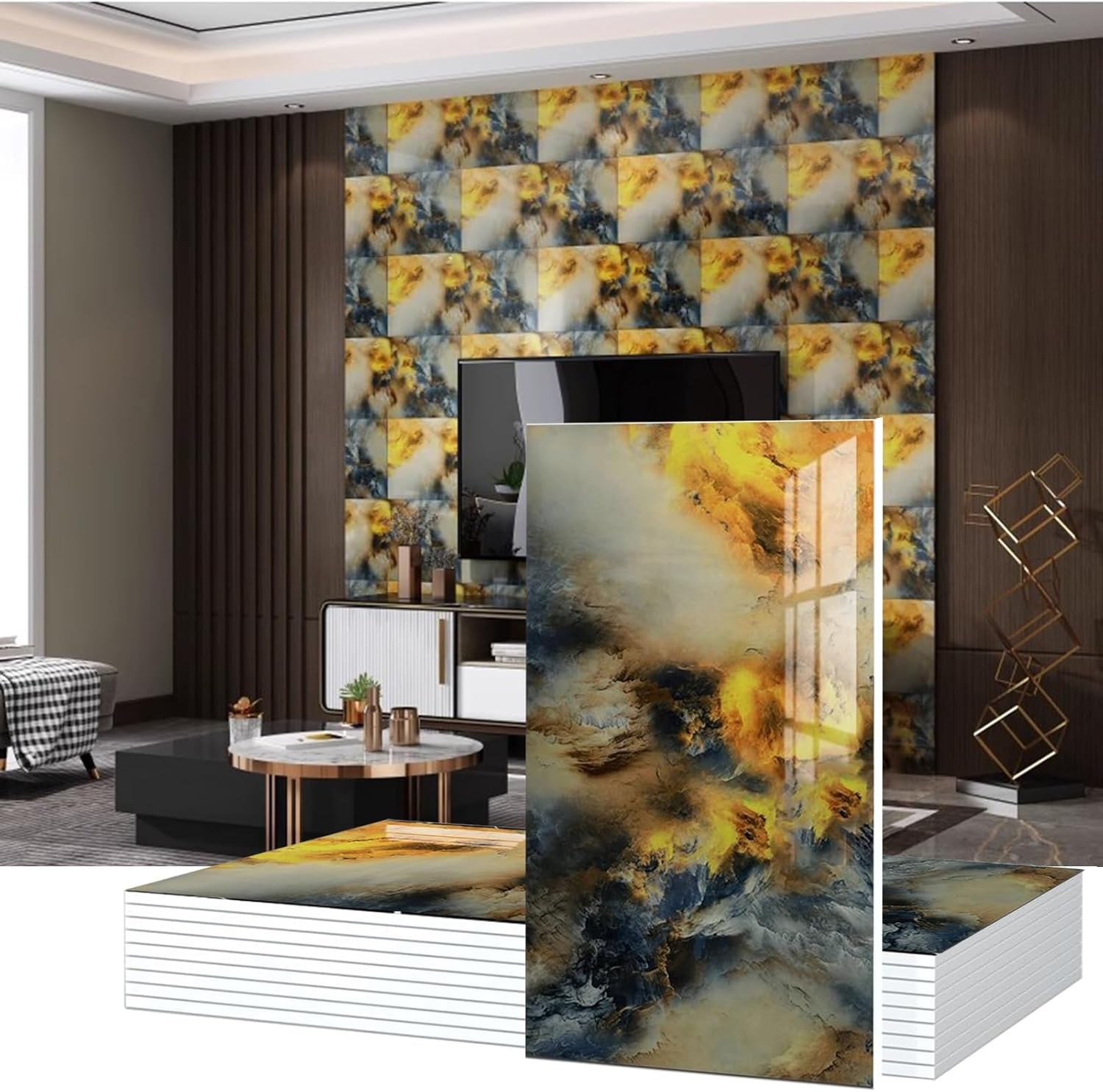 Kunovo 10 Pcs 23.6"x11.8" Marble Self Stick Wall Panels, Waterproof Wallpaper Tiles Covers 19.4 Sq.Ft, Decorative Ceiling Sticker for Kitchen Living Room(ligjt Grey)