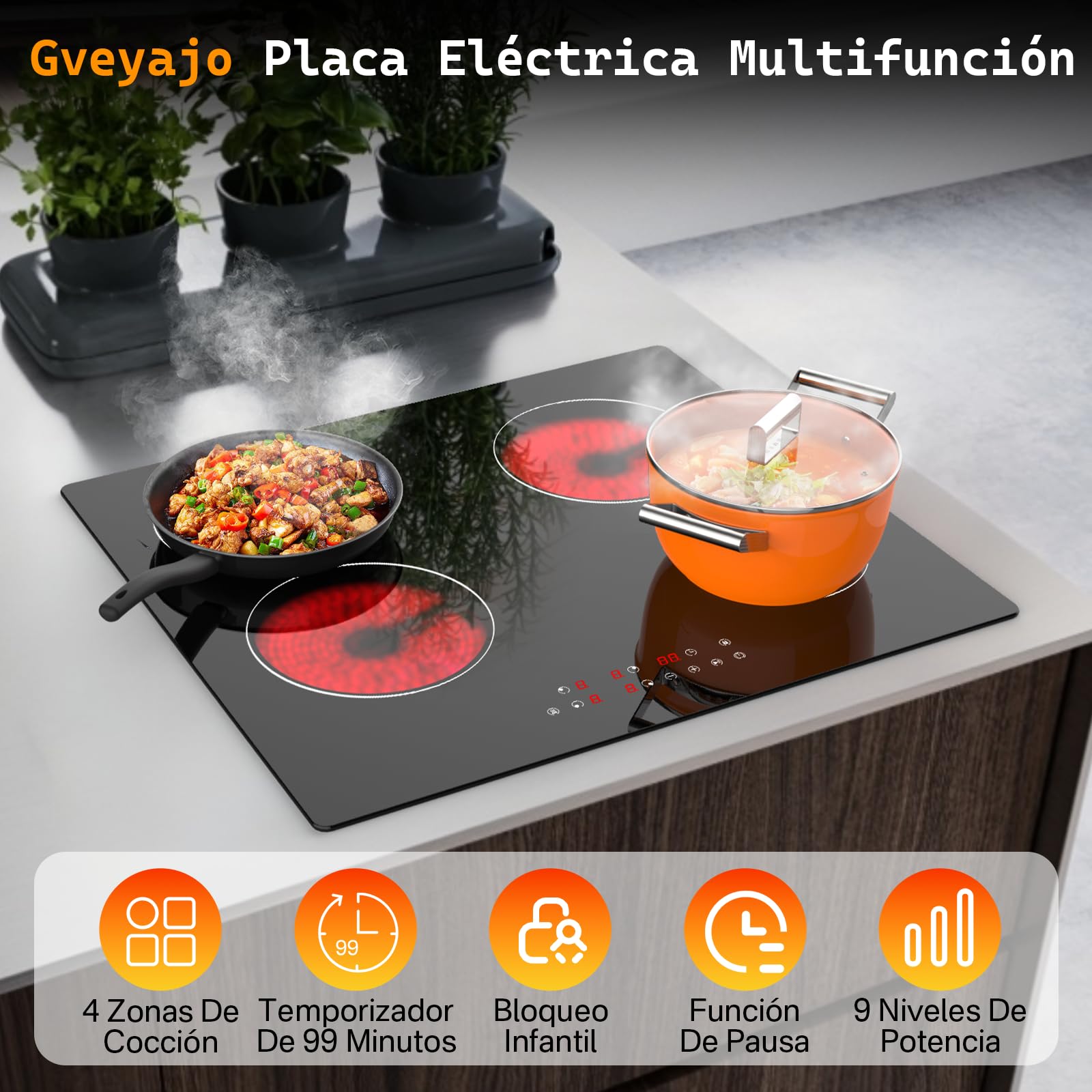 Placa Vitrocerámica Empotrable 60cm 4 Fuegos 6000W Táctil